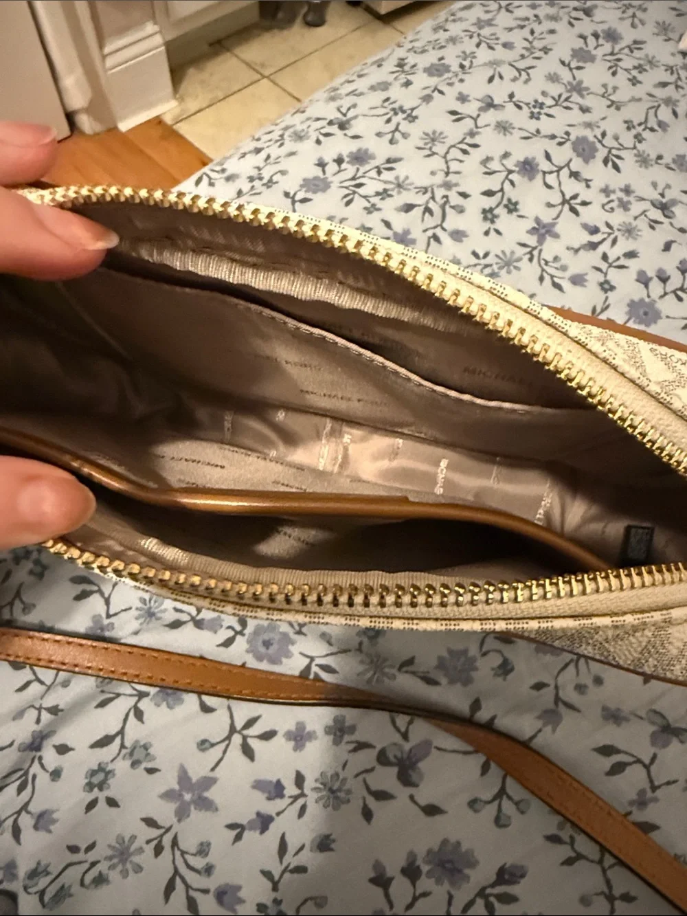 Michael Kors Jet Set Medium Cream Logo Crossbody with Tan Trim